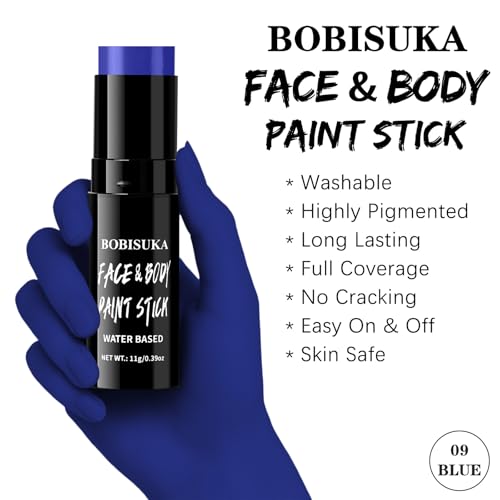 BOBISUKA Blue Face Paint Stick, Highly Pigmented Full Coverage Washable Cream Face & Body Paint for Halloween Avatar Mystique Alien Fantasy Cosplay SFX Makeup, Sports Eye Black Looks & Costume Party - color: Blue