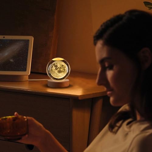 Flexzion 3D Moon Crystal Ball Night Light - LED Light Hologram Glass Lamp with Solid Wood Base, USB Powered Crystal Ball Lamp with Adjustable Brightness for Home Decor Display Gift, 2.4inch(60mm) | Moon Lamp with Solid Beech Wood Base and Adjustable Brigh