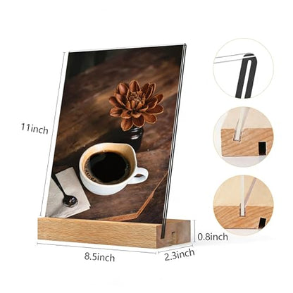 KOOLDE 3 Pack 8.5x11 Acrylic Sign Holder with Wood Base, L/T Shape Vertical & Slant Back Double Display Stand, Clear Table Menu Holders for Wedding, Restaurant, Office, Home & Hotel Decor - size: 8.5x11