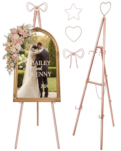 RattanView Adjustable Rose Gold Easel Stand for Sign with 3 Toppers 62" | Metal Display for Wedding Board Poster Picture, Bow Star Heart Toppers, Sturdy Tripod for Paintings Photos Art