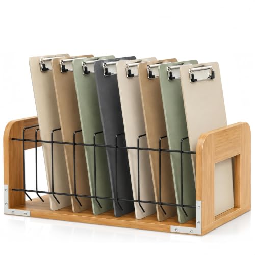 Yookeer 1 Pc Vertical Clipboard Holder, Desk File Organizer Storage Rack, 12 Slot Wooden and Metal Clipboard Organizer, Storage Stand Rack for Home, Office, No Assembly Required (Bamboo Wood) - color: Bamboo Wood