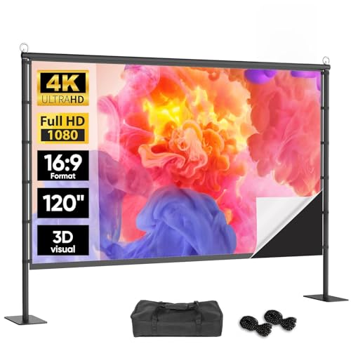 120 Inch Outdoor Projector Screen with Stand, Black Backing Opaque | 120-inch wrinkle-free projector screen with black backing, sturdy stand & windproof kit enhance stability for indoor outdoor