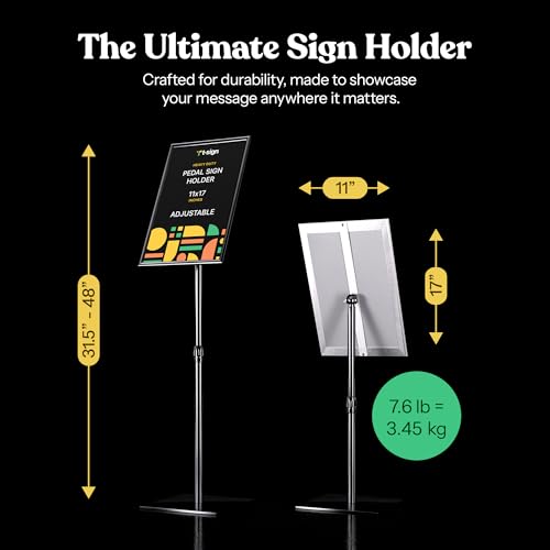 T-SIGN 31.5 to 48 Inch Pedestal Sign Holder - Adjustable Floor Sign Stand for 11x17 Displays, Heavy Duty Outdoor Sign Holder with Square Base for Restaurants, Retail, Trade Shows, and Events (Black) - size: 11 x 17 inches, Black