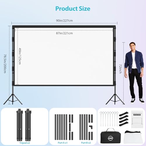 100 Inch Outdoor Projector Screen with Stand, Black Backing Screen | wrinkle-free surface, sturdy square tube tripod, quick setup, with portable carry bag for backyard movies and home theater - size: 100 inches (89.4 x 78.7 inches)