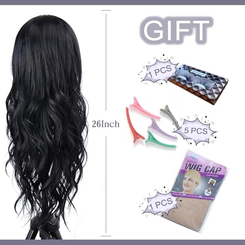 Aida ble Long Wavy Black Wig for Women 26inch Middle Part Synthetic Wig | Natural Looking Heat Resistant Hair,Suitable for Daily Wear,Party,Halloween and Cosplay,Beginner-friendly Wig - color: Black