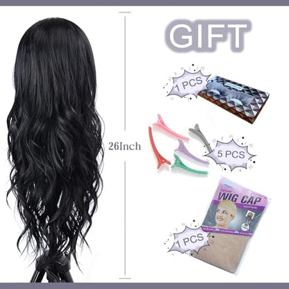 Aida ble Long Wavy Black Wig for Women 26inch Middle Part Synthetic Wig | Natural Looking Heat Resistant Hair,Suitable for Daily Wear,Party,Halloween and Cosplay,Beginner-friendly Wig - color: Black