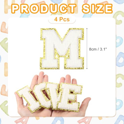 MECCANIXITY Chenille Letter Patches 3.1" Alphabet M Iron on Embroidered Patch Sew on Letter Stickers Applique for Repairing Clothing Jeans Shoes Hats DIY(White, Pack of 4) - style: Letter-M