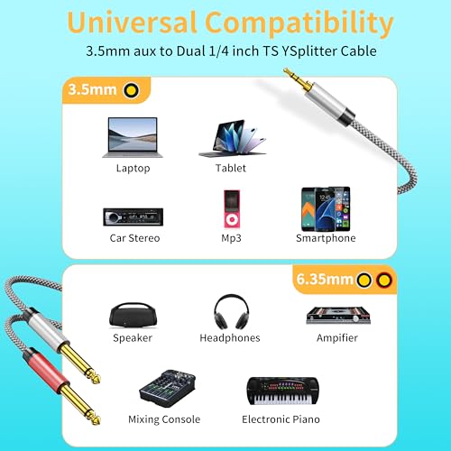 1/8 Stereo to Dual 1/4 Mono Cable 3ft, 3.5mm to Dual 1/4 Cable, 1/8 inch TRS Stereo to Dual 1/4 inch TRS Splitter - color: 3.5mm to 2x6.35mm Audio Cable, size: 3 feet