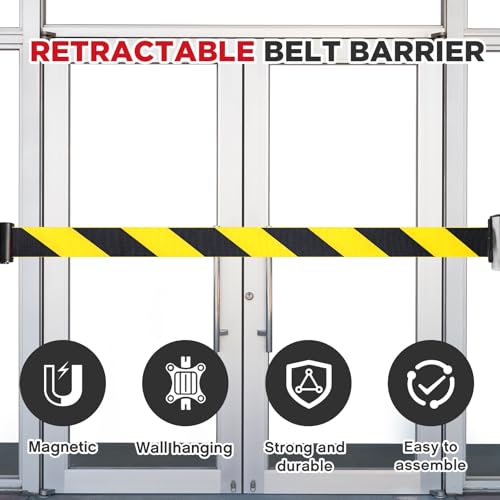 1 Pcs 16.4ft Magnetic Wall Mount Retractable Belt Barrier Wall Barrier Tape Crowd Control Safety Belt with Steel Case for Grocery Airports Banks School Retail Store Restaurant, Yellow Black