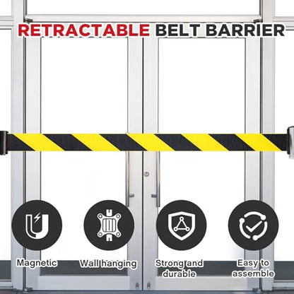 1 Pcs 16.4ft Magnetic Wall Mount Retractable Belt Barrier Wall Barrier Tape Crowd Control Safety Belt with Steel Case for Grocery Airports Banks School Retail Store Restaurant, Yellow Black