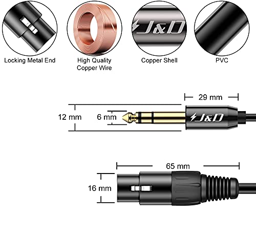 J&D XLR Female to 1/4 Inch 6.35mm TRS Stereo Jack Cable, XLR to Quarter inch Balanced Signal Interconnect Patch Cord for Speaker Condenser Mic Guitar Mixer AMP, 6 Feet - size: 6 Feet