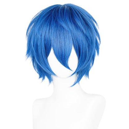 LABEAUTÉ Short Blue Anime Cosplay Wig Male Men Anime Layered Unisex Heat Resistant Hair Wig with Bangs for Party and Halloween for Gift + Free Cap - color: Blue