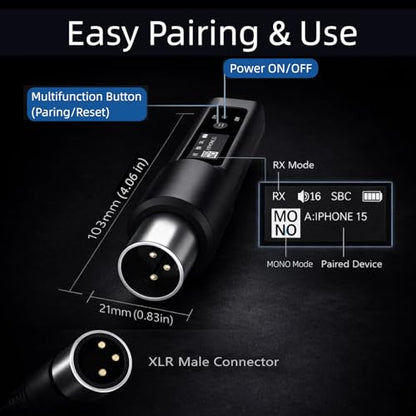 2 Pack Wireless XLR Bluetooth Receivers, High-Fidelity Audio | Bluetooth Audio Adapter for PA Speakers, Mixers & Live Sound, OLED Display, 14H Battery, 100 FT Range - size: Double