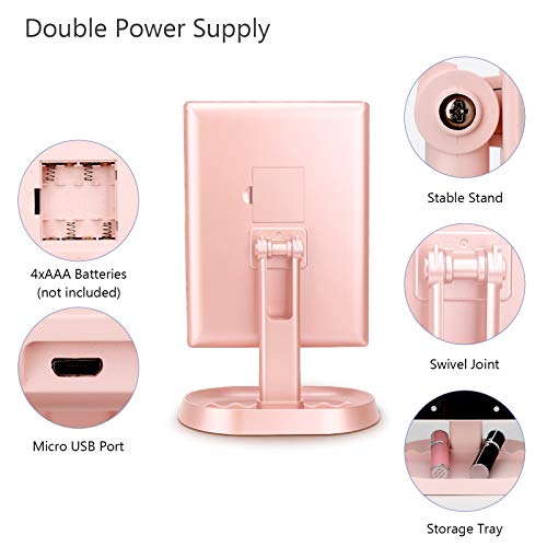deweisn Trifold Lighted Vanity Makeup Mirror with 21 LED Lights,1x/2x/3x Magnification and Touch Screen Dimming,Two Power Supplies Makeup Mirror, Gift for Women - color: Pink