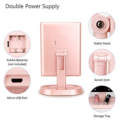 deweisn Trifold Lighted Vanity Makeup Mirror with 21 LED Lights,1x/2x/3x Magnification and Touch Screen Dimming,Two Power Supplies Makeup Mirror, Gift for Women - color: Pink