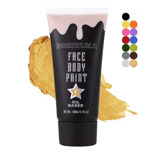 BOBISUKA Gold Face Body Paint, Metallic Oil-based Painting Kit, Cream Blendable Facepaint for Halloween Cosplay, Costume, Parties, Stage, Theater, SFX Special Effect Makeup（2.1 Fl.oz） - color: Gold