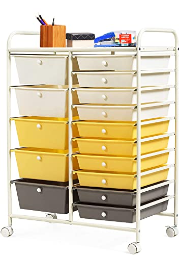 HAPPYGRILL 15-Drawer Rolling Cart, Storage Carts with Removable Drawers & Steel Frame, Utility Cart on Lockable Wheels for Home, School, Office, Yellow - color: Yellow, size: 15 Drawer