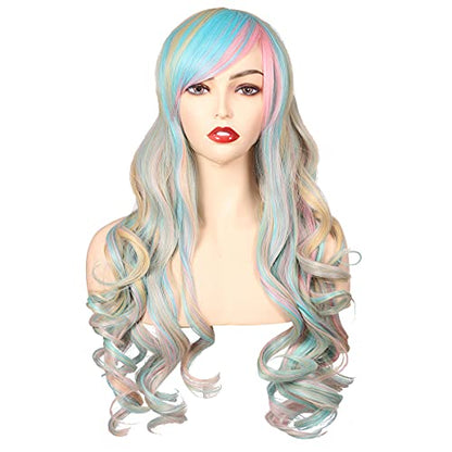ColorGround Long Curly Cosplay Wig with 2 Ponytails (Blue/Pink/Blonde/Green) - color: Blue/Pink/Blonde/Green