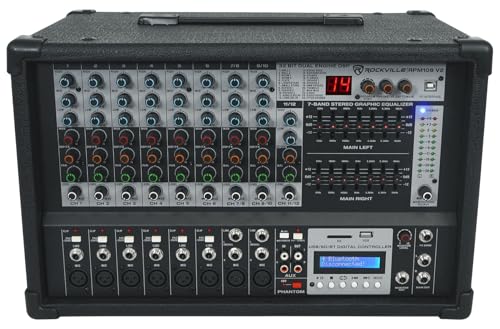 Rockville RPM109 V2 12 Channel Powered Mixer, 7 Band EQ, USB, 48V | 600W RMS at 4 Ohm, 4800W Peak, Bluetooth, USB/SD, 24 Digital Effects, 8 Mic Preamps, Dual SpeakON Output, Dual Fan Cooling