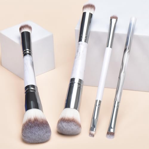 Grey Makeup Brushes set, 4 Dual-Ended Brushes, 3 Makeup Sponges & 1 Metal Stand, Professional Complete Cosmetic Brush Set, for Foundation Powder Blush Eyeshadow - style: Grey 8-piece set