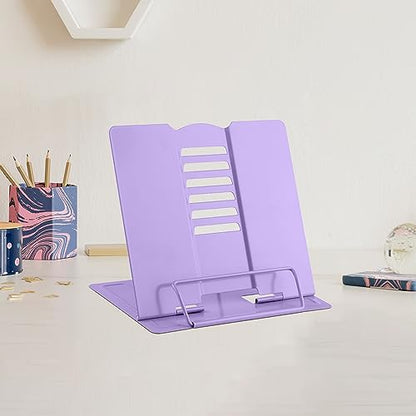 MSDADA Small Desk Book Stand Metal Reading Rest Book Holder | Adjustable Cookbook Documents Holder Portable Sturdy Bookstands for Recipes Textbooks Tablet Music Books(Purple） - color: Purple