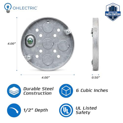 OHLECTRIC 4” Round Steel Pancake Electrical Box (4 Pack)| 1/2" Deep Box with Four 1/2” Knockouts, Fire Rated | Ideal for Lighting Fixtures, Switches and Receptacles - size: 1/2" KO Pancake Box with Raised Ground
