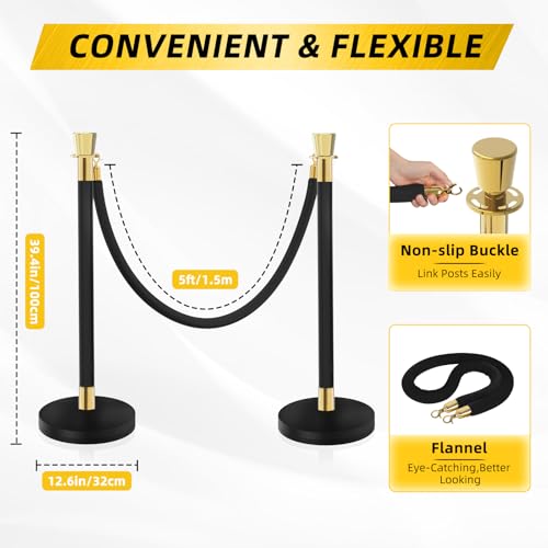 Black Stainless Steel Stanchions Rope - Crowd Control Barriers with Red Carpet Safety Barrier, Velvet Ropes and Posts & Retractable Belts for Party Theater Weddings, Museums - 6 Pcs - color: Black, size: 6Pcs