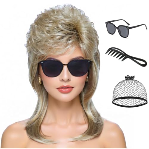 Airhostess 80s Retro Layered Mullet Wig for Women, Pre-Styled Synthetic Wig, Natural Texture for Halloween Cosplay 80s Themed Party (Blonde) - color: 2057-Blonde