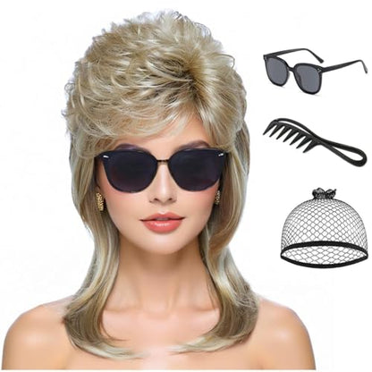 Airhostess 80s Retro Layered Mullet Wig for Women, Pre-Styled Synthetic Wig, Natural Texture for Halloween Cosplay 80s Themed Party (Blonde) - color: 2057-Blonde