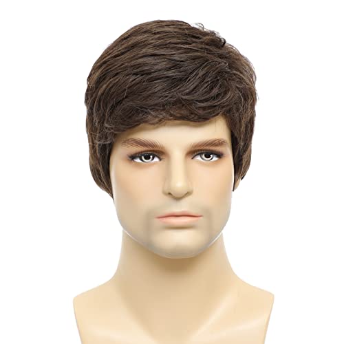 Mens Brown Wig, Short Brown Men Wig Layered Natural Hair Full Synthetic Wigs for Halloween Male Guy - color: Brown