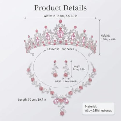 Kamirola Tiaras and Crowns for Women,Tiaras Earrings Necklace, Crystal Bridal Jewelry Set, Costume Party Halloween Prom Pageant Jewelry for Women(TR45) - color: Pink & Silver