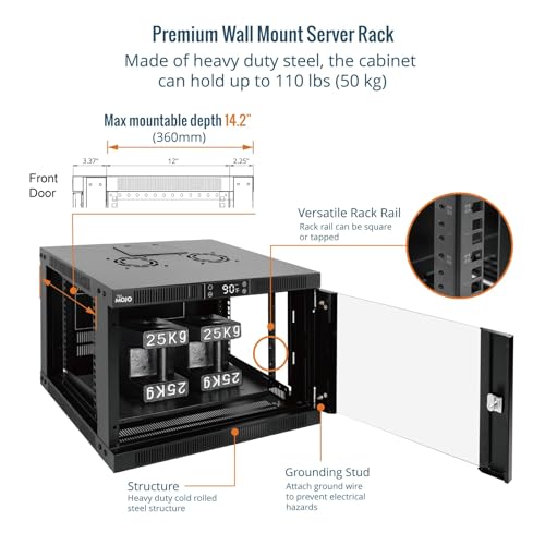 Tecmojo 6U Wall Mount Rack with Thermostat, 17.7inch Depth Enclosed Server Cabinet with 2 Cooling Fans,Lockable Door & Hardware,6U Rack for 19inch Equipments,Glass Door - size: 6U with Thermostat