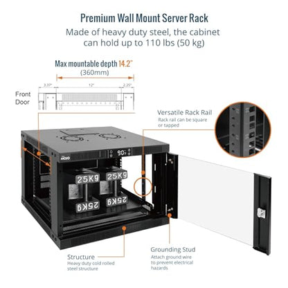 Tecmojo 6U Wall Mount Rack with Thermostat, 17.7inch Depth Enclosed Server Cabinet with 2 Cooling Fans,Lockable Door & Hardware,6U Rack for 19inch Equipments,Glass Door - size: 6U with Thermostat