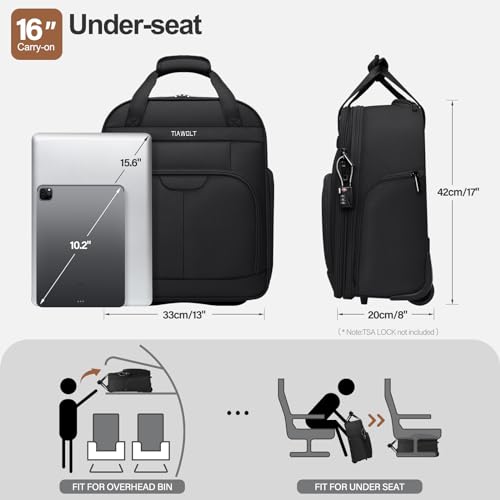 Multi-functional 16-Inch Underseat Carry on Luggage With Wheels Softside Lightweight Compact Travel Business Suitcase bag for Pilots and Crew,Black - color: Black