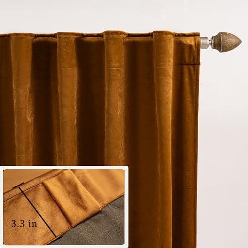 YOFUN 90 inches 2 Panels, Golden Brown Blackout Luxury Velvet Curtains Thermal Insulated Heat Block Soundproof Window Panels Soft Drapes for Bedroom Living Room, Rod Pocket & Back Tab, W52 x L90 - color: Golden Brown, size: 52"W x 90"L (Pack of 2)