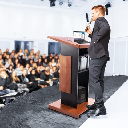 Wood Podium Stand with 4 Lockable Wheels，44.6“ Wooden Lectern with Storage，Wooden Standing Pulpit with Wire Hole for Church Office School Home Conference Restaurant Meeting Auditorium - size: 44.6IN