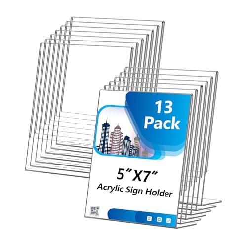 Acrylic Sign Holder 5x7 Inches, 13 Pack Clear Plastic Table Flyer Display Stand, L-Shape Vertical Menu Paper Holder Stand, Clear Picture Photo Flyer Display Stand for Restaurants, Store Fair,Office - size: 13 Pack-L Shape-5X7