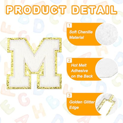 MECCANIXITY Chenille Letter Patches 3.1" Alphabet M Iron on Embroidered Patch Sew on Letter Stickers Applique for Repairing Clothing Jeans Shoes Hats DIY(White, Pack of 4) - style: Letter-M