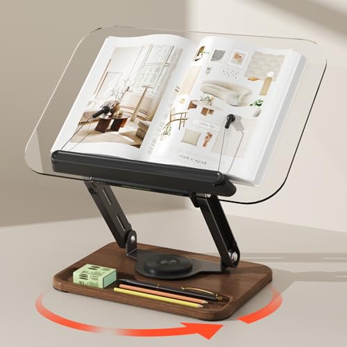 BYMECOST Acrylic Book Stand for Reading, 360°Rotating Book Holder, Black | Adjustable Height and Angle with Pen Slot, Elastic Clips, Fits Cookbook,Laptop,Tablet,Recipe,Magazine - color: Dark Walnut