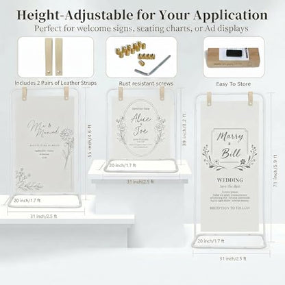 Wedding Welcome Sign Stand Fabric Banner Stand With Design Bundle Rose Vine | Linen Sign Holder Easel Stand for Sign Poster, Bridal Baby Shower With Stand Adjustable Welcome to Our Wedding, White - color: White