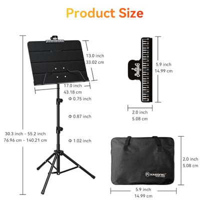 K KASONIC - Dual-Use Folding Sheet Music Stand & Desktop Book Stand with Portable Carrying Bag, Sheet Music Folder & Clip Holder (Black)
