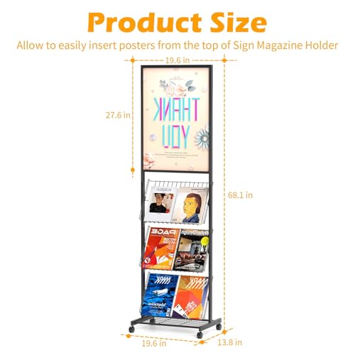 lesolar 4-Tier Floor-Standing Magazine Rack with Poster Board Stand | Metal Magazine Rack with Wheels, Newspaper Holder, Brochure Display Stand, Poster Sign Holder for Exhibitions Store Business