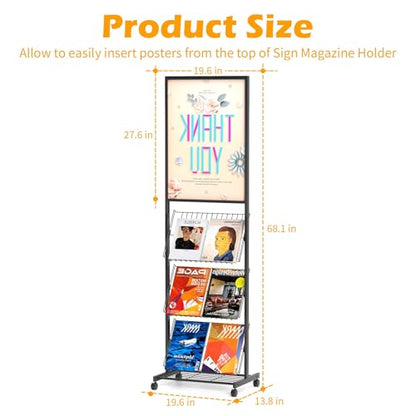 lesolar 4-Tier Floor-Standing Magazine Rack with Poster Board Stand | Metal Magazine Rack with Wheels, Newspaper Holder, Brochure Display Stand, Poster Sign Holder for Exhibitions Store Business