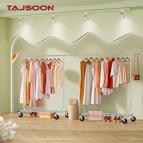 Tajsoon Clothing Rack Collapsible, Garment Clothes Rack Heavy Duty, Chrome | Foldable Garment Rack with Wheels & Extendable Rod, 250LBS Rolling Rack with Shelf for Bedroom, Laundry Room, Clothes Store - style: Single Rod Commercial