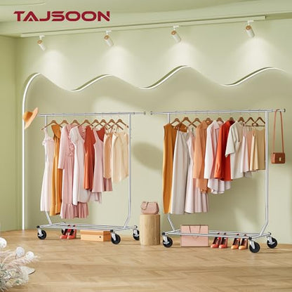 Tajsoon Clothing Rack Collapsible, Garment Clothes Rack Heavy Duty, Chrome | Foldable Garment Rack with Wheels & Extendable Rod, 250LBS Rolling Rack with Shelf for Bedroom, Laundry Room, Clothes Store - style: Single Rod Commercial