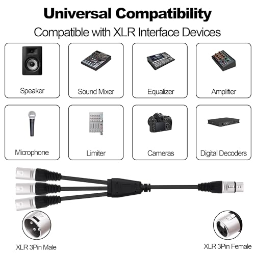 XLR Splitter Audio Y Cable 1 Female to 3 Way Male Adapter 0.6M | XLR Balanced Microphone Audio 1 to 3 Splitter Cord,for Mixer Amplifier Camera - style: 1 female to 3 male
