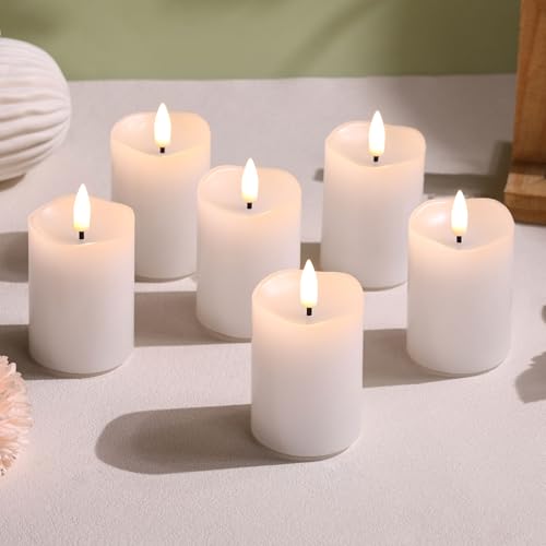 White Flameless Votive Candles with Remote Batteries Set of 6 | 2x3 inch Small Flickering LED Pillar Candles, Battery Powered, Real Wax Coating, Home Table Shelf Decor - color: White