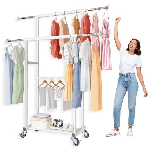 SUFAUY Commercial 80" H Clothes Rack for Hanging Dresses, Extend 50“L Double Rolling Garment Rack on Lockable wheels with Adjustable Rod and Storage Shelves, Load 350 LBS, White