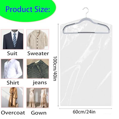 15 Pack (24 x 40 In) Plastic Clear Clothes Covers,Dry Cleaners Bags Hanging Clothing Covers Clear Garment Bags Hanging Dust-proof Clothing Protector Covers for Home Storage Clothing Stores & Travel. - size: 24*40