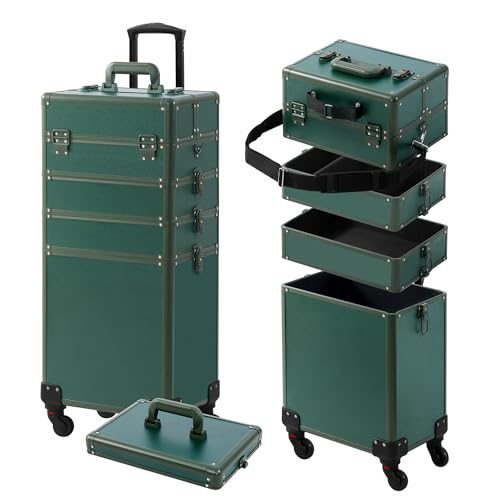 Somduy Makeup Train Case, Rolling Makeup Case with Lid, 5 in 1 Cosmetology Case on Wheels, Christmas Gift, Large Makeup Case Organizers, Profesional Cosmetic Case for Salon Barber, Green - color: Green
